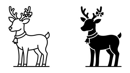 Christmas Reindeer Icon Set: A charming set of line art and silhouette icons featuring a festive reindeer adorned with a bow and bell, embodying the spirit of the holiday season. © Hasina