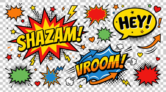 Comic book speech bubbles and effects.