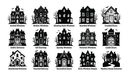 Obraz premium Halloween silhouette houses with various spooky architectural features