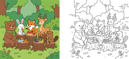 Cute forest animals picnic coloring book page and colored vector illustration set with cartoon bear, rabbit, fox, deer, and beaver eating healthy fruits and vegetables