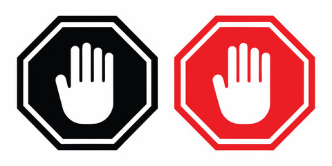 Octagonal Stop Signs With Hand Symbols Black And Red Versions © Babita