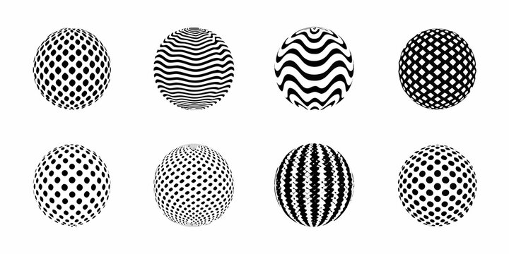 Spheres with varied surface textures on a white background