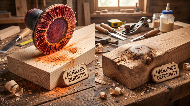 Wooden blocks with labels for Achilles bursitis and Haglunds deformity in a workshop setting with tools