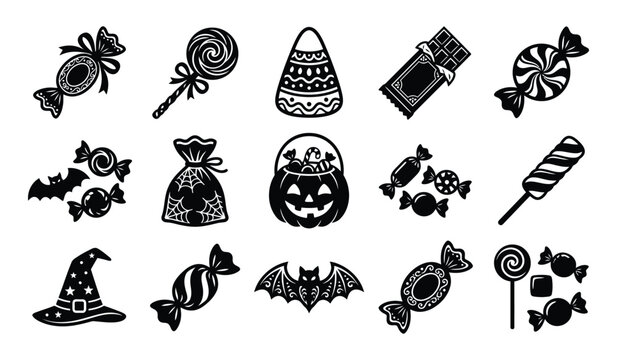 Halloween candy decorations silhouette collection vector icons for festive designs
