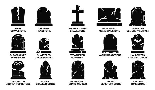 Halloween silhouette of various damaged tombstones and gravestones