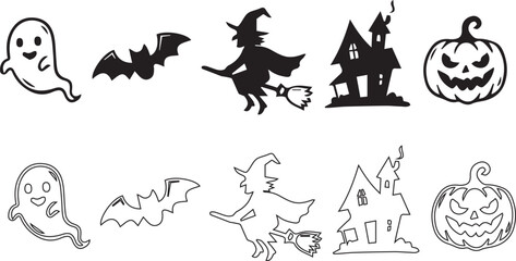 Fototapeta premium Set of Spooky Halloween Icons Silhouettes and Outlines Collection