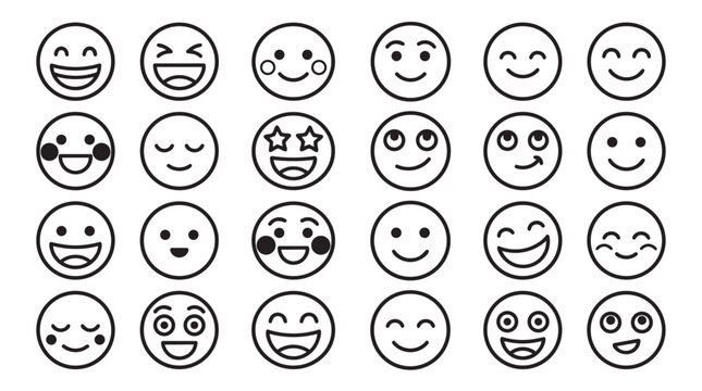 Collection of various hand-drawn line art emoticon faces showing different emotional expressions