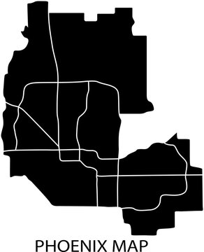 Black silhouette map of Phoenix city with white road network lines isolated