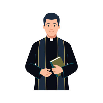 Vector illustration of a young catholic priest in black clergy robe holding a bible