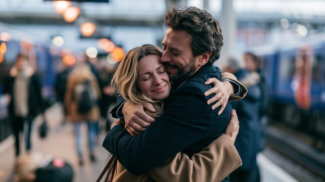 Couple Embracing on Train Platform, Excellent for Romantic Travel, Reunion and Long-Distance Relationship Content