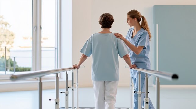 Patient Walking with Nurse During Physical Rehabilitation, Excellent for Post-COVID Recovery, Mobility Therapy and Healthcare Rehabilitation