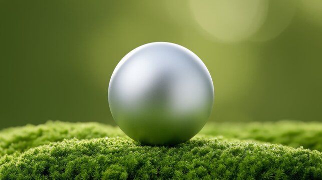 Metallic Sphere Resting on Green Moss, Excellent for Sustainable Technology, Eco Innovation and Nature Balance Concepts