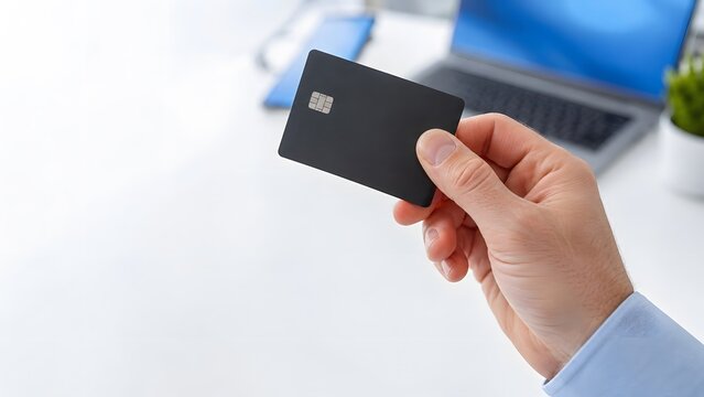 Man holding empty black credit card for online payment. Consumer shopping with electronic bank card. Financial transaction, money transfer and digital commerce business concept at office.
