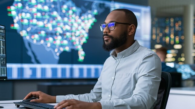 Cybersecurity Analyst Monitoring Network Threats in Security Operations Center, Excellent for SOC Services, Threat Intelligence and Enterprise IT Security