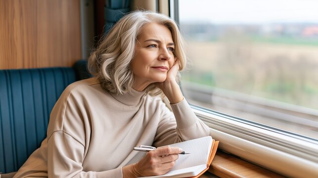 Mature Woman Writing in Notebook on Train Journey, Excellent for Solo Travel, Midlife Lifestyle and Reflective Travel Stories