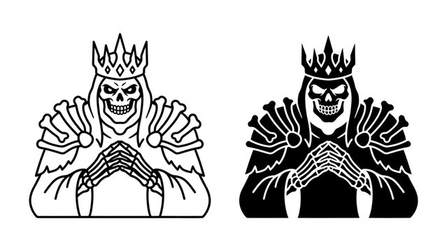 Skeletal Monarch Icon: Two stylized illustrations of a skeleton king, one in outline and one in silhouette, adorned with a crown and regal attire, hands clasped in a contemplative pose.