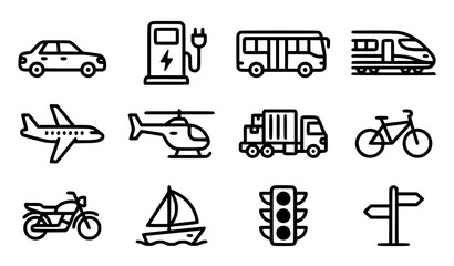 Fototapeta premium Transportation and Vehicle Icon Set with Electric Car Charging, Train, Airplane, Truck, and Traffic Light Symbols for Logistics Apps, Travel Websites, and Map Designs