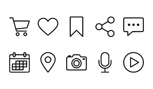Social Media and Web Interface Icon Set with Shopping Cart, Heart Like, Bookmark, Share, Calendar, and Multimedia Symbols for App Layout Designs