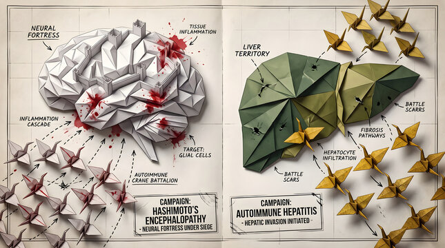 Origami cranes illustrate autoimmune diseases Hashimoto's Encephalopathy and Hepatitis with neural and liver territories invaded