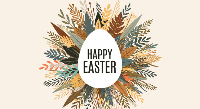 Beautiful Easter card showcasing happy easter text on a large white egg nestled within a lush wreath of colorful autumn leaves.
