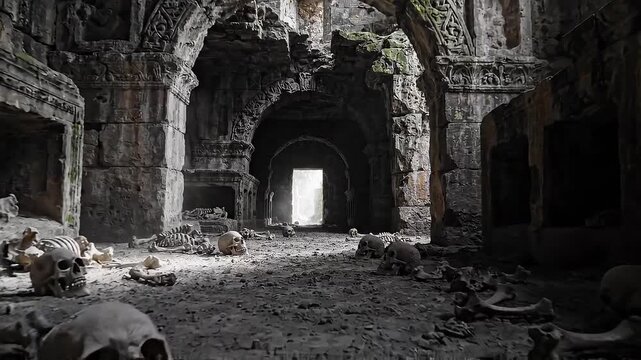 Ancient stone crypt filled with skulls and bones, camera glides through ruined archways toward bright doorway, revealing eerie underground chamber with scattered remains and dusty floor.