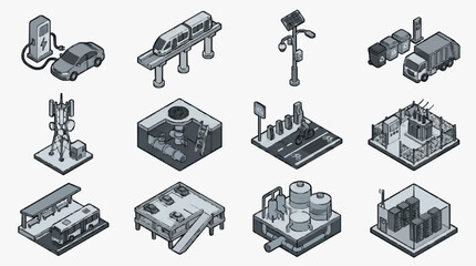 Obraz premium Sleek Isometric Illustrations of Modern Urban Infrastructure and Smart City Elements in Monochrome