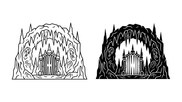 Cave Entrance: A graphic illustration depicts a mysterious cave entrance, resembling a monstrous maw, with sharp icicles and a hidden structure within, presented in both outline and silhouette styles.