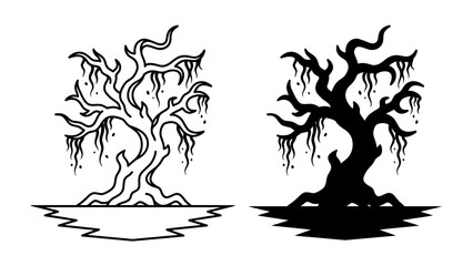 Obraz premium Creepy Tree Silhouette: A stylized, eerie tree with gnarled branches and hanging moss, presented in both outline and silhouette form, evokes a sense of mystery and the macabre.