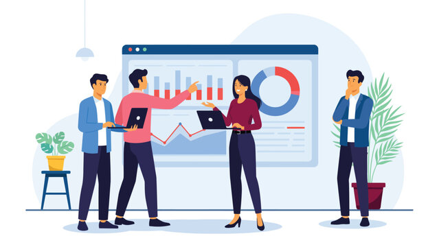 modern business data analysis and teamwork presentation with professionals reviewing financial growth charts flat vector illustration