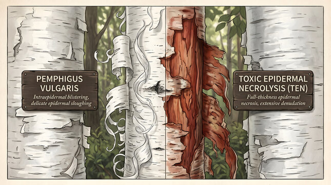 Illustration compares Pemphigus Vulgaris and Toxic Epidermal Necrosis skin conditions with tree bark examples