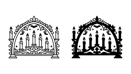 Ornate Menorah Illustration: A decorative menorah, featuring seven candles and intricate filigree details, stands as a symbol of light and tradition, rendered in both line art and silhouette styles. © Mdhd