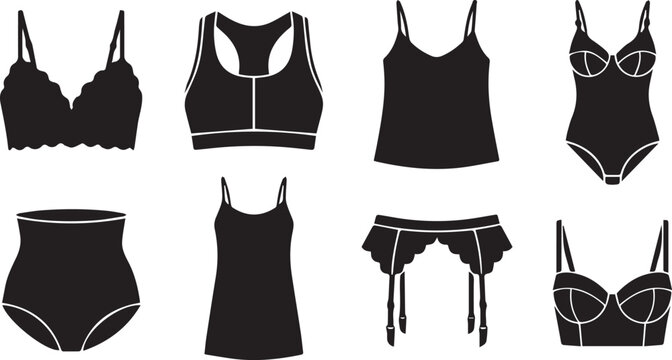 Set of black silhouettes featuring various women's undergarments, lingerie, and intimate apparel icons on white background