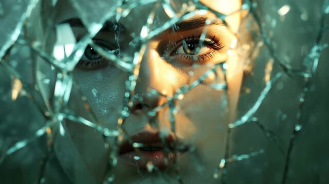 Woman face looking through shattered cracked glass, broken identity metaphor, psychological trauma concept, inner crisis drama.