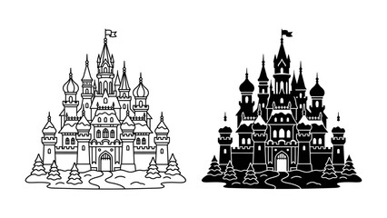 Two Fairytale Castles: A pair of detailed castle illustrations, one in outline and one in silhouette, depicting grand architectural fantasy with turrets and flags, set against a simple landscape. © Md