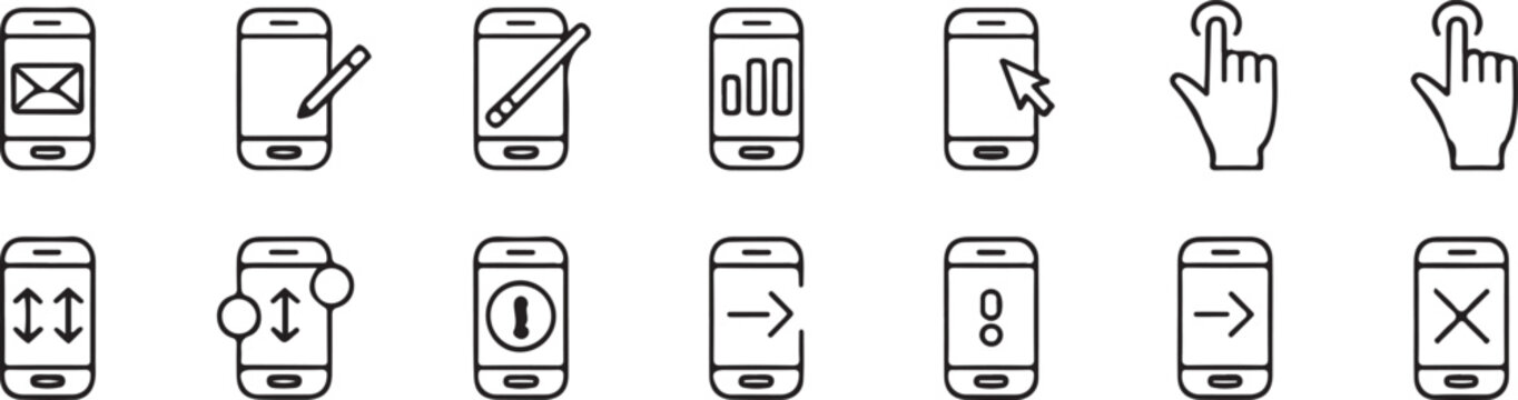 Black and white line icons of mobile phones and hands on white background