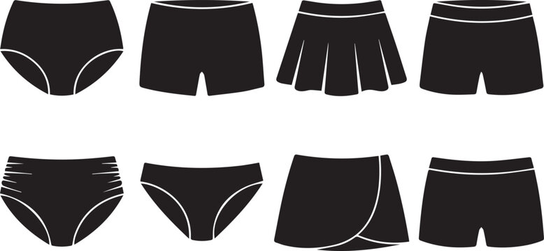 Women bikini bottoms and swim shorts icon collection with high waisted briefs and skirts black silhouettes