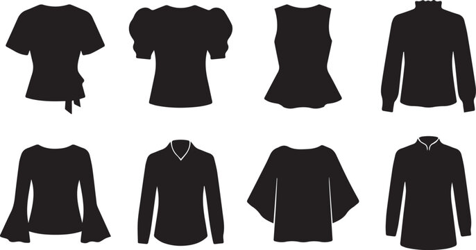 Women blouse and shirt icon collection featuring various sleeve styles and necklines black silhouettes