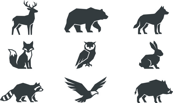 Geometric forest animals silhouette icon set featuring deer bear wolf fox owl rabbit raccoon eagle boar vector