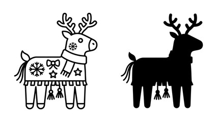 Reindeer Pinata Design: A festive reindeer pinata illustration, presented in both outline and silhouette, adorned with traditional holiday motifs and a cozy scarf. © mrs