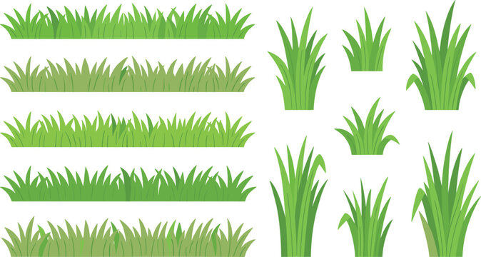 Green grass borders and tufts vector collection isolated on a clean white background graphic elements.