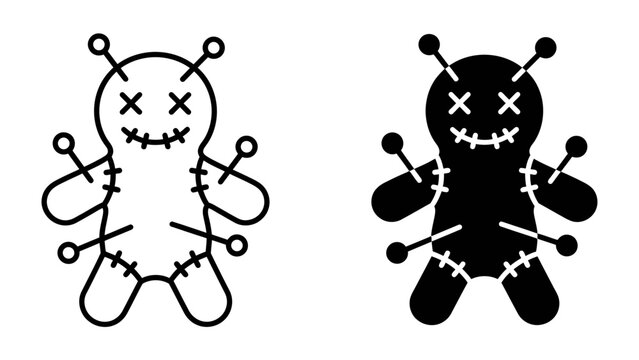 Voodoo Doll Icon: A symbolic representation of a voodoo doll, depicted in both outline and silhouette, pierced with pins, conveying a sense of dark magic and ritual.