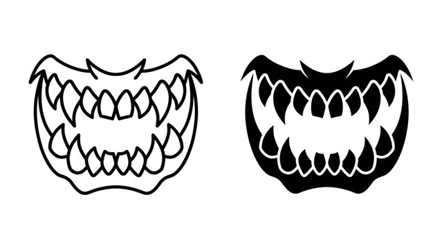 Fierce Fangs: Two stylized depictions of a monstrous mouth with sharp, pointed teeth, one in outline and the other in solid black, conveying a sense of primal aggression and danger.