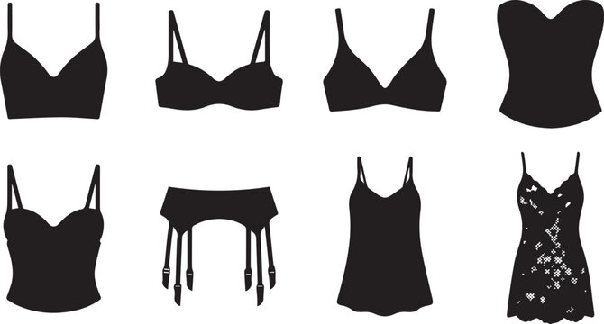 Female lingerie and underwear icon set with bra corset slip and garter belt black silhouettes