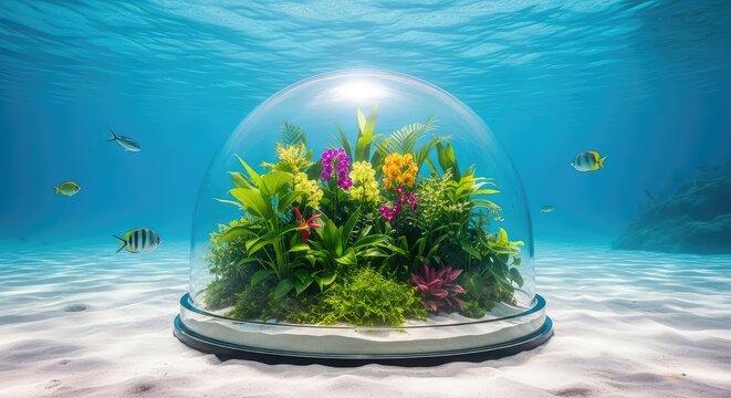 A transparent glass dome sits on the ocean floor, housing a thriving green garden with tropical plants while exotic fish swim outside, bubbles, green, underwater