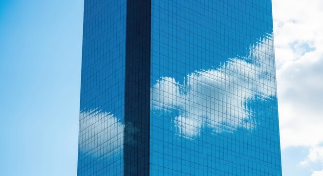 Abstract blue glass skyscraper exterior showing geometric cloud reflections with sharp lines and minimalist architectural design elements, pattern, office, geometric