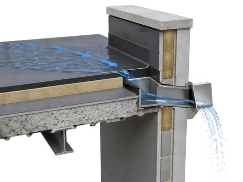 3D Cutaway Diagram of Scupper Roof Drainage Detail
