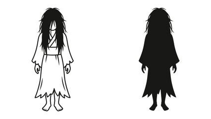 Spooky Apparition and Silhouette: A hauntingly depicted spectral figure with long, disheveled hair stands beside its dark, ominous silhouette, evoking a sense of mystery and the supernatural. © jannatul