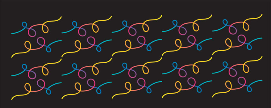 Seamless pattern with colorful chaotic wavy lines and tangled neon strokes on dark floor.