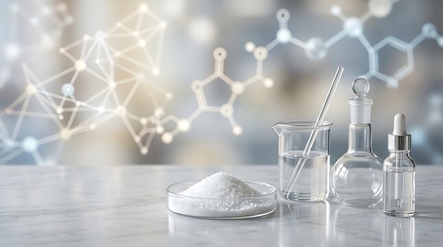 Laboratory glassware with chemical powder and liquid dropper on a science background. allantoin