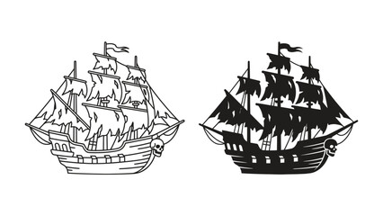 Pirate Ship Duo: A striking pair of pirate ships, one depicted in a detailed black and white outline and the other as a bold black silhouette, evoke adventure and seafaring tales © Mdgd